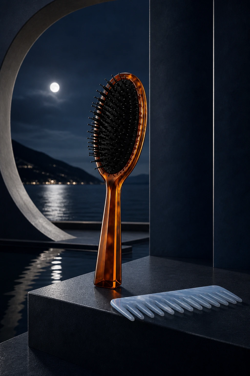 Amber acetate brush and pale comb on dark stone, moonlit lake beyond a curved opening.