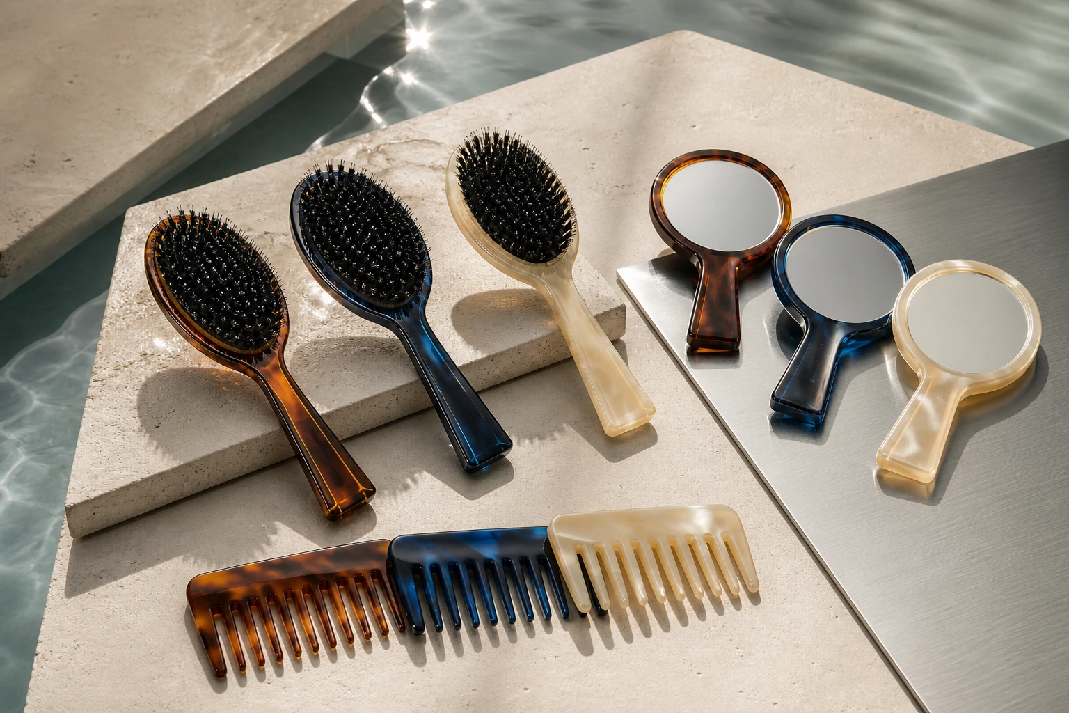 Brushes, combs and hand mirrors in tortoise, blue and ivory acetate arranged on stone beside water.