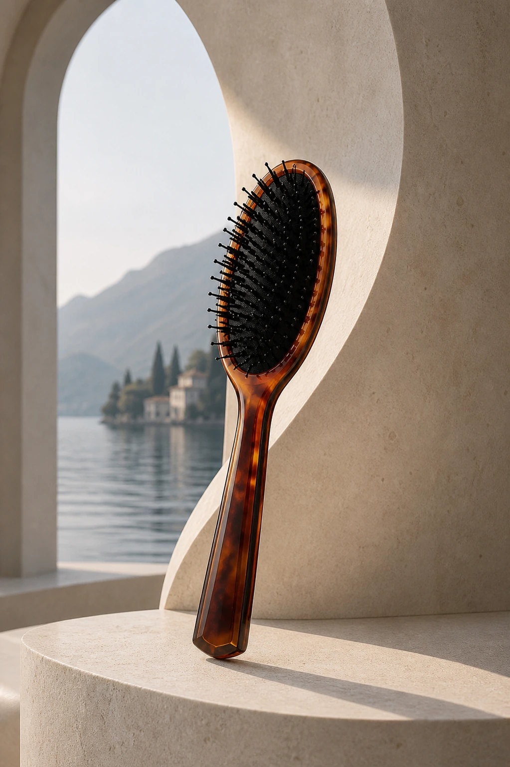The Lario brush in tortoise acetate on pale stone, arch opening onto Lake Como at first light.