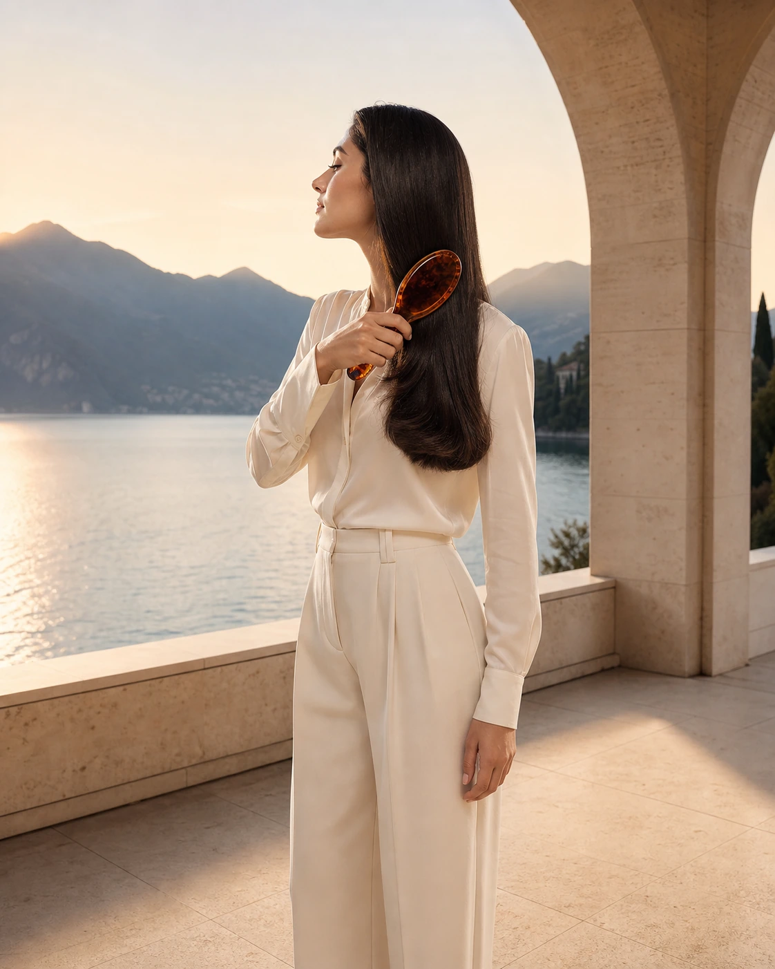 Woman in ivory silk brushing long dark hair under a villa arcade at sunrise.