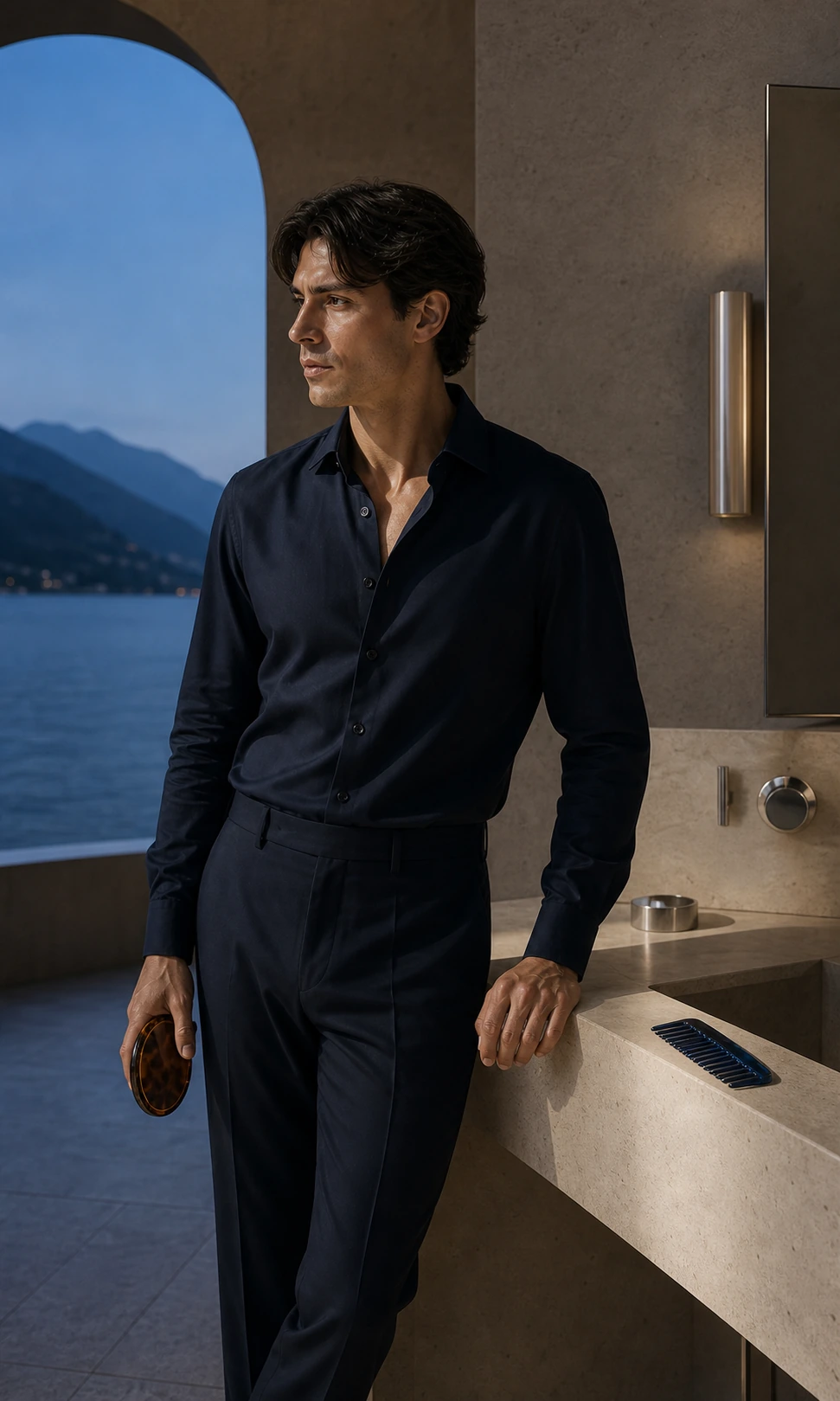 Man in navy at a stone vanity during blue hour, tortoise brush in hand and navy comb on the counter.
