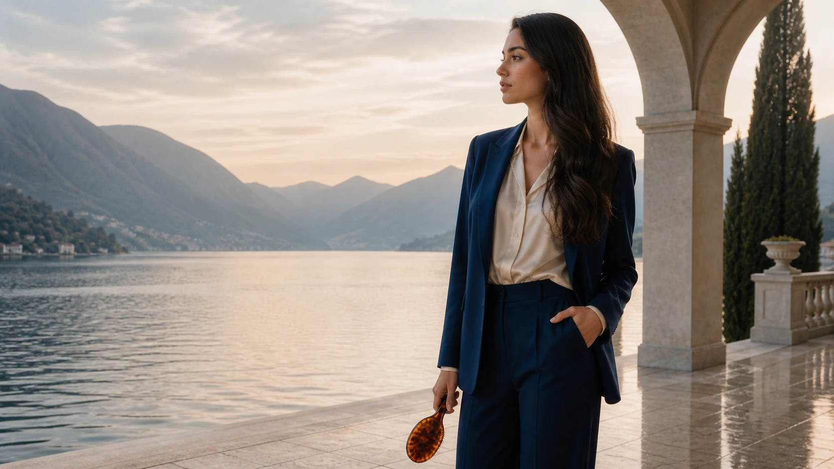 Woman in navy tailoring on a lakeside terrace above Lake Como at dawn, holding a tortoise acetate brush.